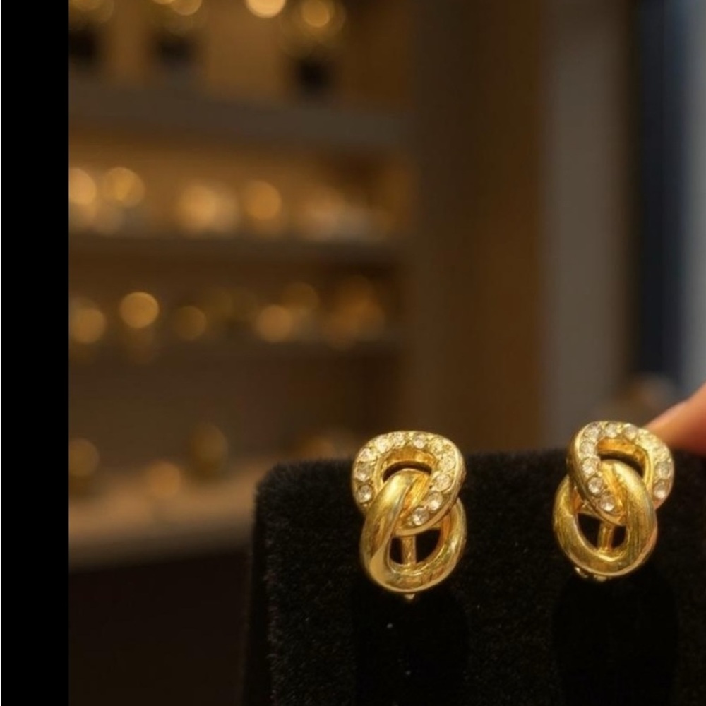 Christian Dior Vintage Crystal Chain Link Clip-On Earrings Gold Knot Earrings
